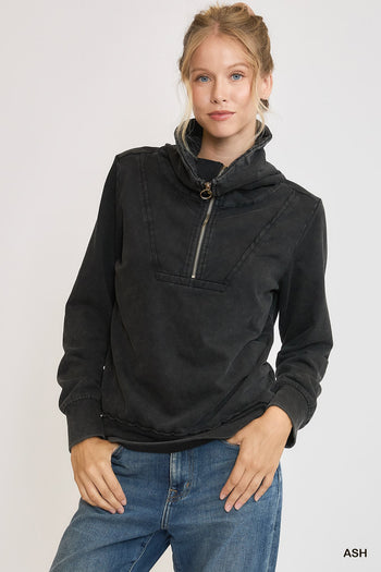 Umgee Mineral Washed Half Zip Up Top in Ash