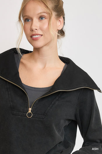 Umgee Mineral Washed Half Zip Up Top in Ash