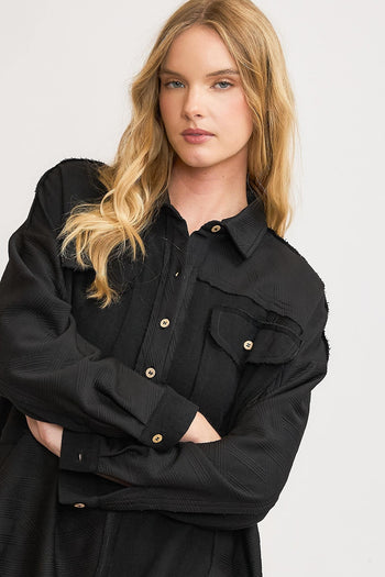 Umgee Linen Blend Half Button Down Top in Black