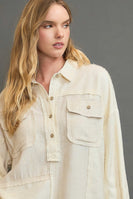 Umgee Linen Blend Half Button Down Top in Oatmeal