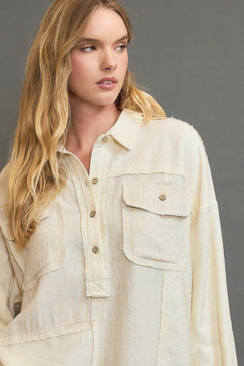 Umgee Linen Blend Half Button Down Top in Oatmeal