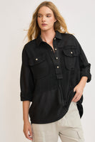 Umgee Linen Blend Half Button Down Top in Black