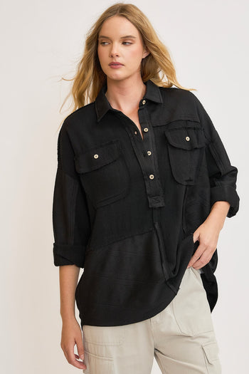 Umgee Linen Blend Half Button Down Top in Black