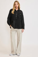 Umgee Linen Blend Half Button Down Top in Black