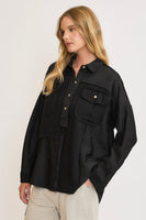 Umgee Linen Blend Half Button Down Top in Black