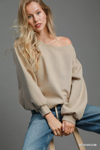 Umgee Off Shoulder Luxeknit Top in Mushroom