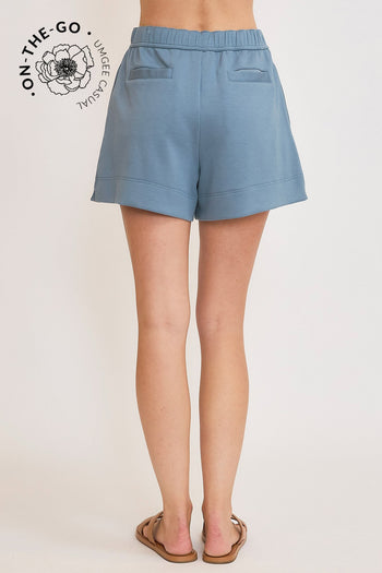 Umgee Luxeknit Mid Rise Pull On Shorts in Blue Grey
