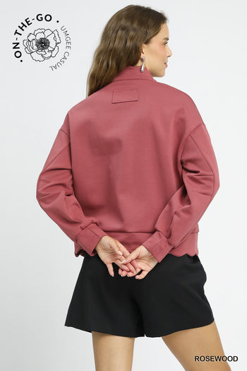 Umgee Luxeknit Scallop Hem Snap Pullover Top in Rosewood