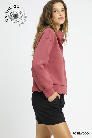 Umgee Luxeknit Scallop Hem Snap Pullover Top in Rosewood