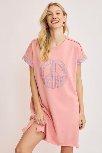 Umgee French Terry Peace Mini Dress in Pink