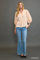 Umgee High Neck Satin Top with Floral Contrast Sleeves in Champagne