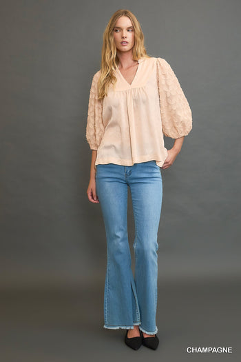 Umgee High Neck Satin Top with Floral Contrast Sleeves in Champagne