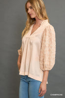Umgee High Neck Satin Top with Floral Contrast Sleeves in Champagne