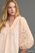 Load image into Gallery viewer, Umgee High Neck Satin Top with Floral Contrast Sleeves in Champagne
