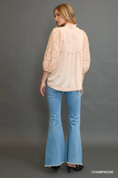 Umgee High Neck Satin Top with Floral Contrast Sleeves in Champagne