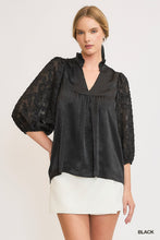 Load image into Gallery viewer, Umgee High Neck Satin Top with Floral Contrast Sleeves in Black
