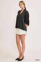 Umgee High Neck Satin Top with Floral Contrast Sleeves in Black
