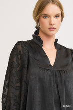 Load image into Gallery viewer, Umgee High Neck Satin Top with Floral Contrast Sleeves in Black
