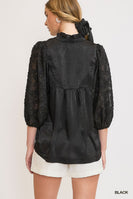 Umgee High Neck Satin Top with Floral Contrast Sleeves in Black