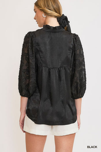Umgee High Neck Satin Top with Floral Contrast Sleeves in Black