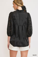 Load image into Gallery viewer, Umgee High Neck Satin Top with Floral Contrast Sleeves in Black
