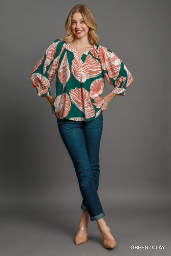 Umgee Two Toned Floral Print Top in Green/Clay