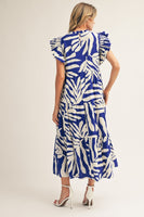 Jodifl Tropical Palm Print Tiered Midi Dress in Royal