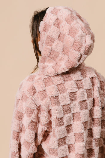BiBi Checkered Pattern Zip Up Front Sherpa Hoodie in Dusty Pink/Blush