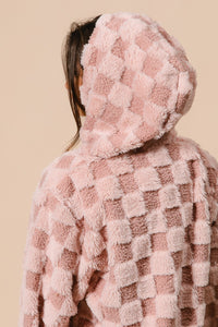 BiBi Checkered Pattern Zip Up Front Sherpa Hoodie in Dusty Pink/Blush