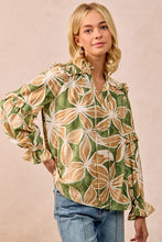 Load image into Gallery viewer, BiBi Bold Floral Print Top with Ruffle Details in Olive/Latte
