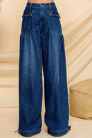 Veveret Ankle Drawstring Denim Cargo Pants in Dark Wash