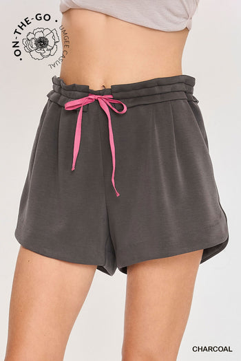 Umgee Double Tucked Cupro Drawstring Shorts in Charcoal