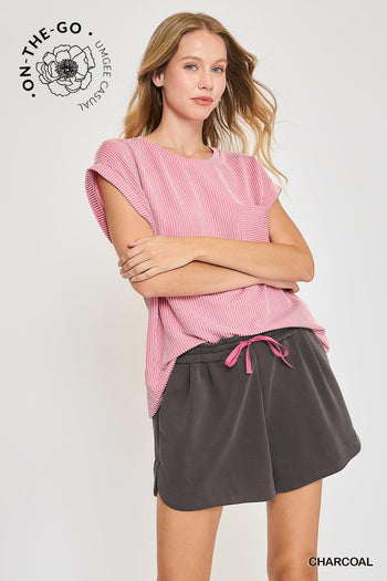 Umgee Double Tucked Cupro Drawstring Shorts in Charcoal