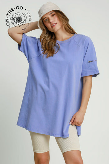 Umgee Rinse Washed Raglan Top in Periwinkle