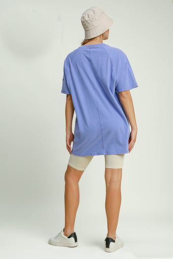 Umgee Rinse Washed Raglan Top in Periwinkle