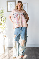 Oli & Hali Paint Splatter Top with Large Ribbon Bow Patch on Front in Pink