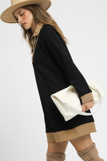 Umgee Waffle Knit Tunic Mini Dress in Black