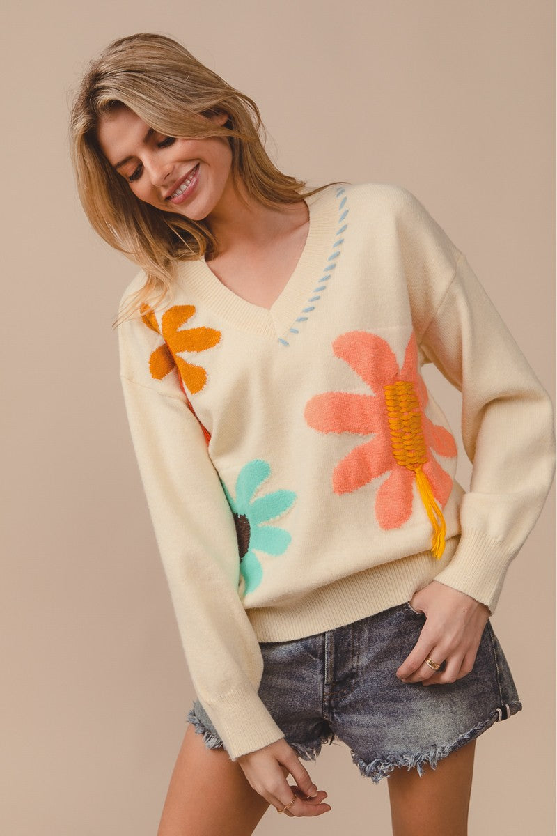 BiBi Flower Pattern Sweater with Stitched and Fringe Details in