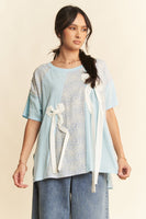 Davi & Dani Color Block Top with Lace and Bow Details in Blue