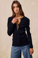 Load image into Gallery viewer, BiBi FITTED Ribbed Knit Top with Contrasting Color Neckline in Black/Camel

