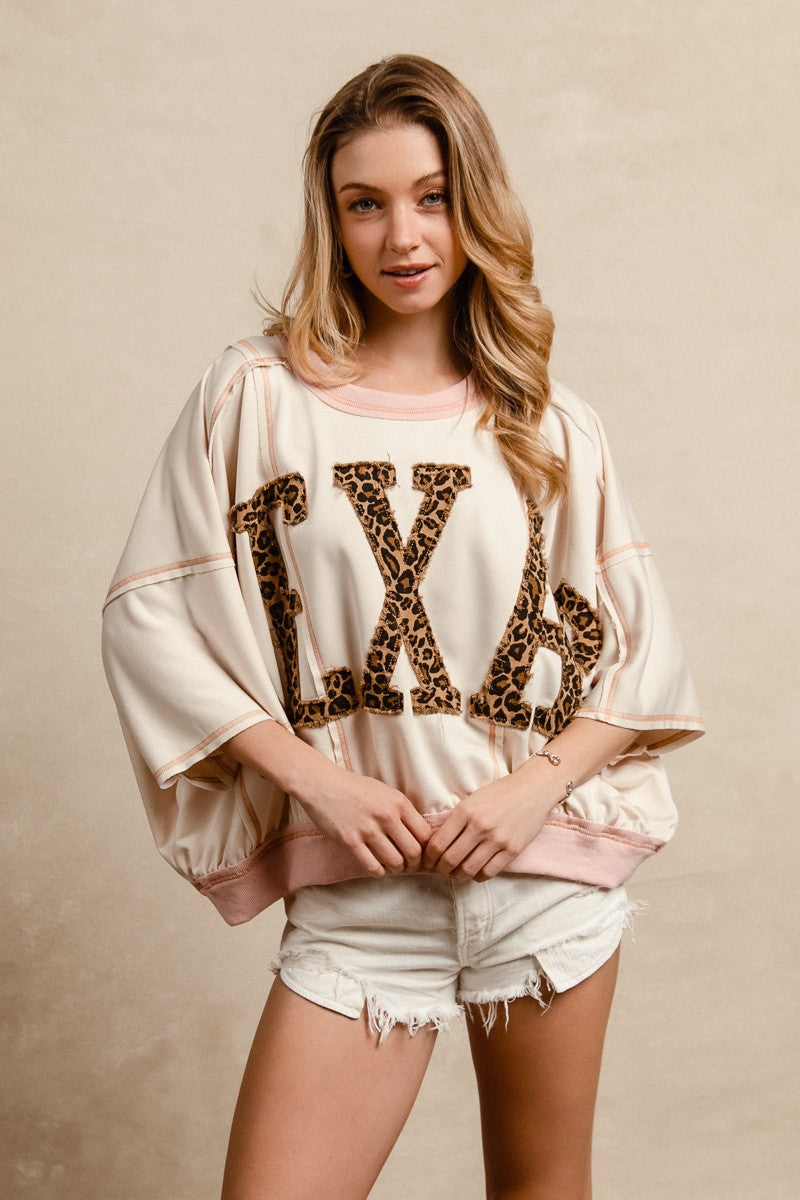 BiBi OVERSIZED Top with Leopard Print Letter Patchwork TEXAS in