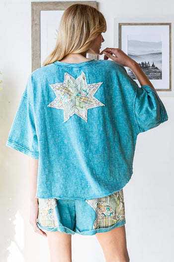 Oli & Hali Multi Print Star Patched Top and Short Set in Blue