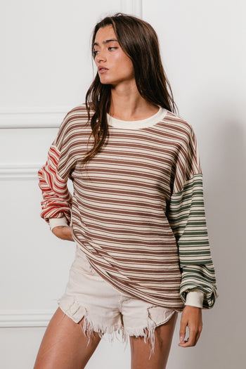 BiBi Multi Color Mixed Striped Top in Mocha/Rust/Olive