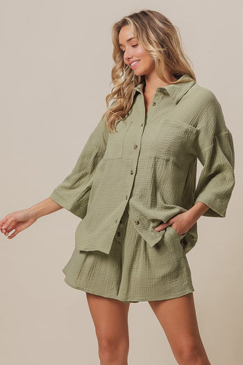 BiBi Crinkle Gauze Shirt And Short Set in Sage