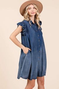 Mittoshop Chambray Mini Length Shirt Dress in Dark Denim