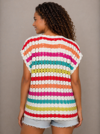 FATE Open Knit Crochet Striped Top in White Multi
