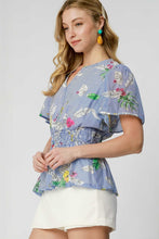 Load image into Gallery viewer, Umgee Mix Floral Striped Peplum Blouse in Blue Mix
