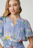Umgee Mix Floral Striped Peplum Blouse in Blue Mix