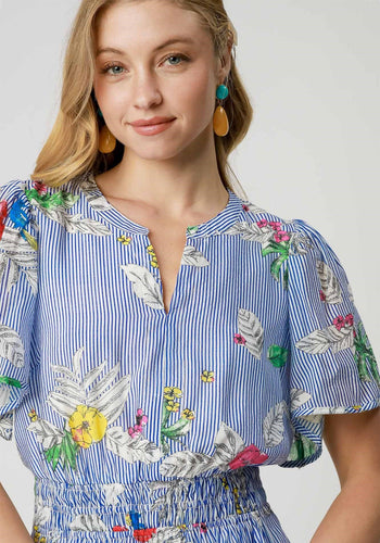 Umgee Mix Floral Striped Peplum Blouse in Blue Mix