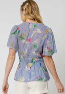 Umgee Mix Floral Striped Peplum Blouse in Blue Mix